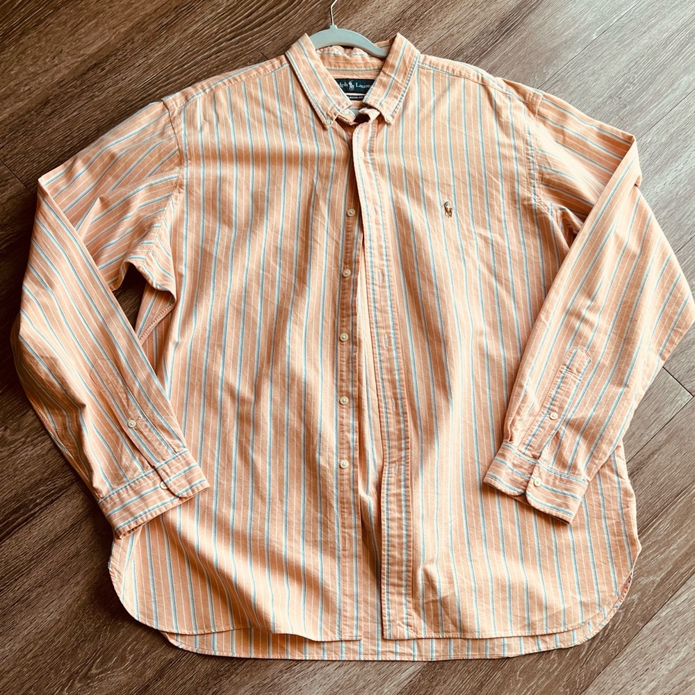 Vintage‎ Ralph Lauren Classic Fit Button Down Shirt Mens XL Orange White Stripe